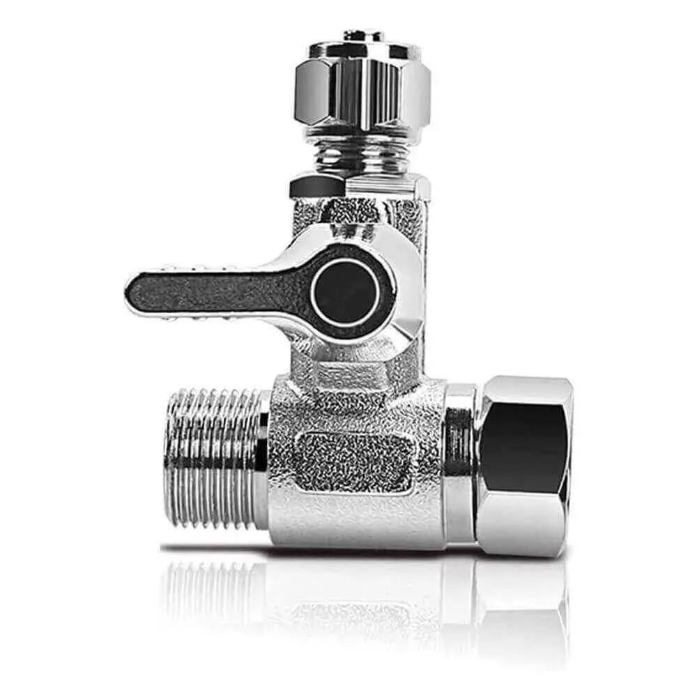 Conector T alamă cromat 1/2” sau 3/8" cu robinet pentru filtru apă 1/4”